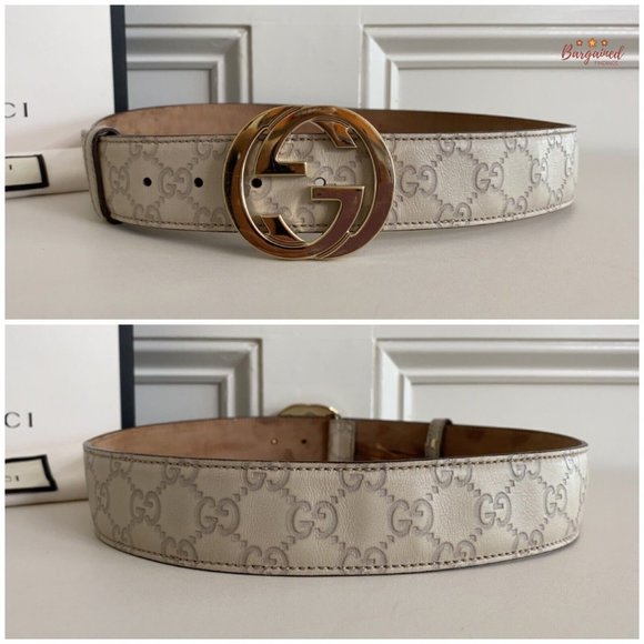 Authentic Gucci Cream Guccissima Leather Gold Interlocking G Buckle Belt 85/34 - Picture 5 of 12